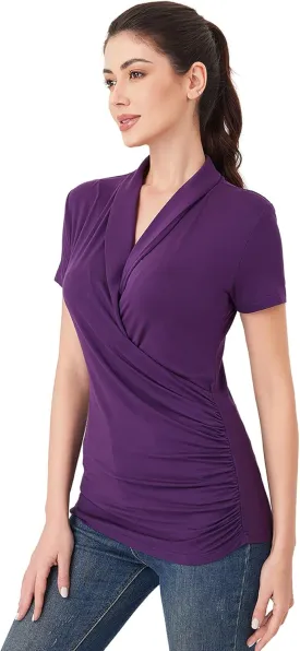 AmlieBoutik Women Casual V Neck Wrap Top Ruched Short Sleeve Office Dressy Blouse Top Asymmetrical Elegant Shirts