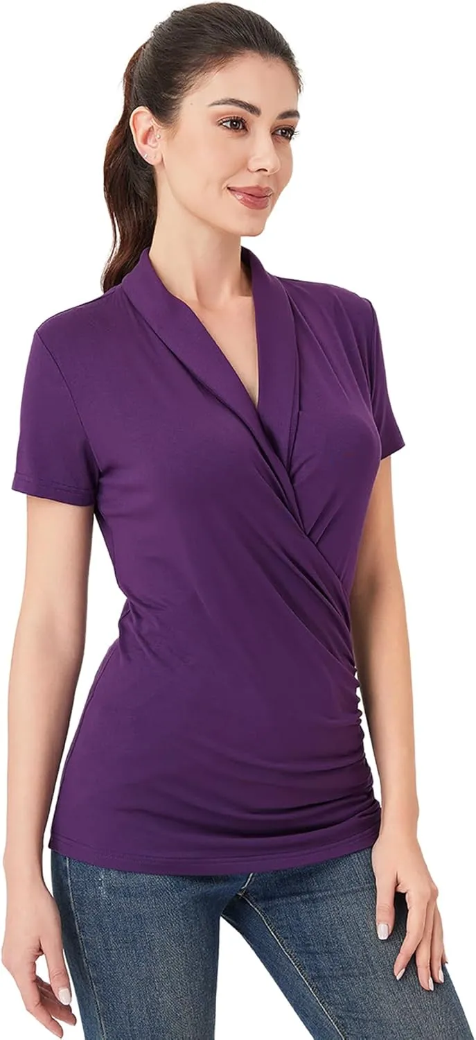 AmlieBoutik Women Casual V Neck Wrap Top Ruched Short Sleeve Office Dressy Blouse Top Asymmetrical Elegant Shirts