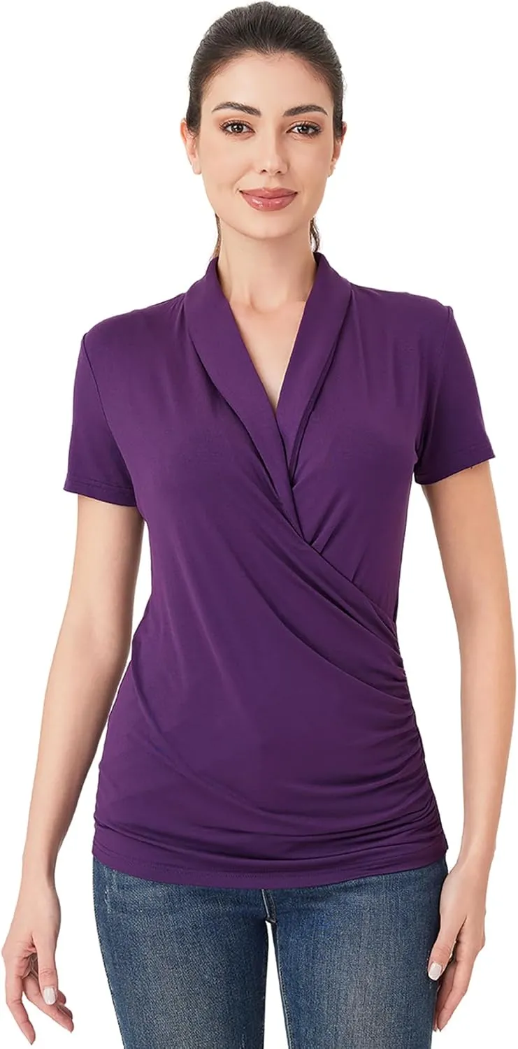 AmlieBoutik Women Casual V Neck Wrap Top Ruched Short Sleeve Office Dressy Blouse Top Asymmetrical Elegant Shirts