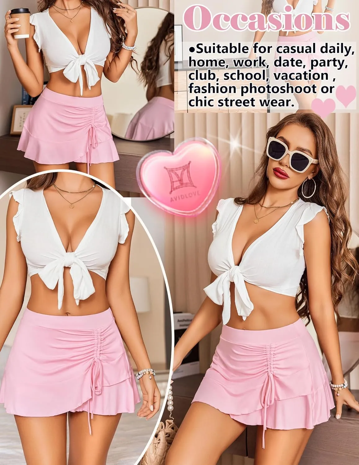 Avidlove Womens Pleated Mini Skirts Drawstring Wrap Ruffle Mini Skirt Sexy Y2k Skirt Ruched Tennis Skater Skirt