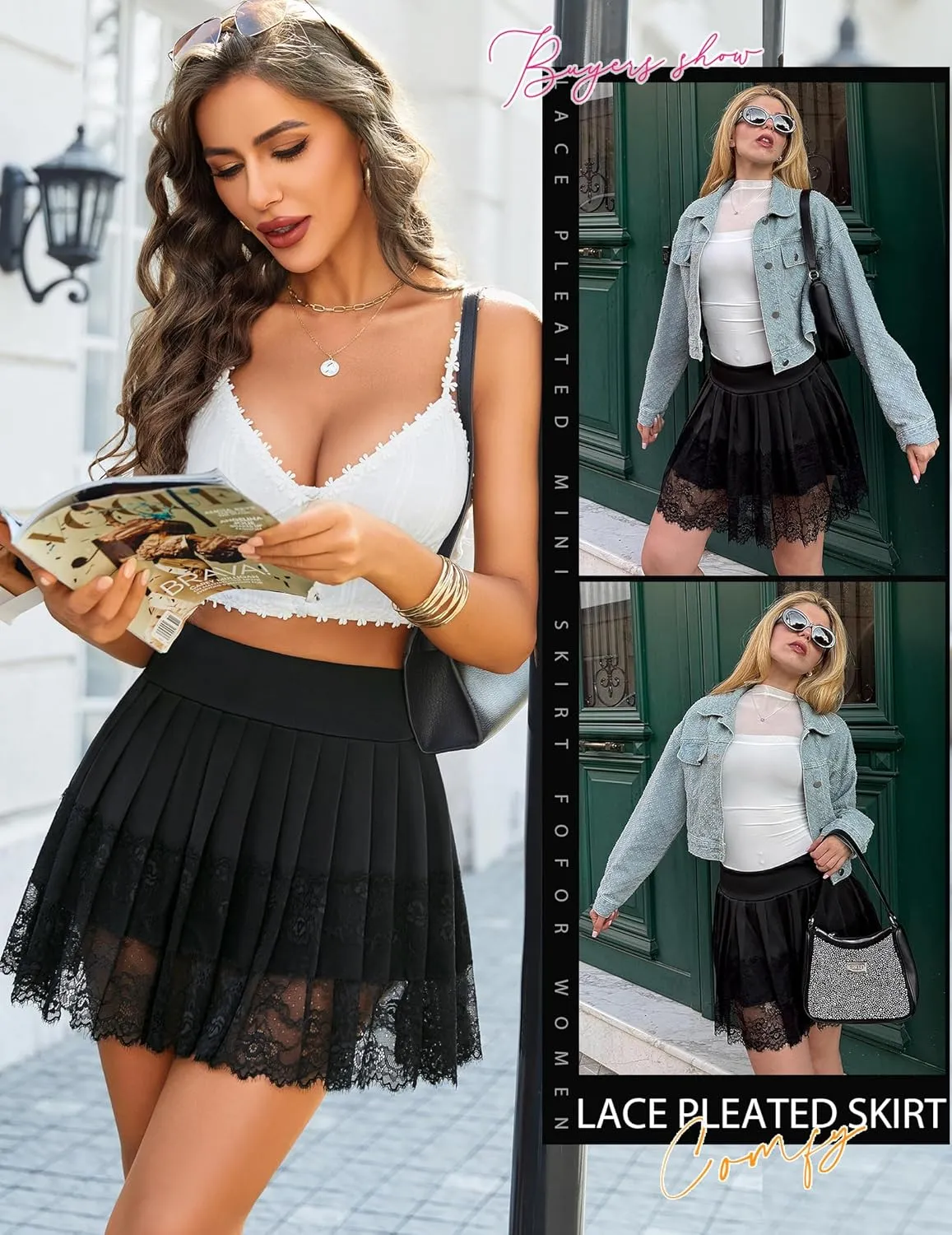 Avidlove Womens Pleated Skirt Lace Mini Skirts Sexy High Waist Short Going Out Skirt