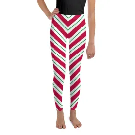 Candy Cane Girls Leggings (8-20), Red Green Christmas Graphic Printed Striped Winter Yoga Wear Clothing Youth Activewear Holiday Xmas Gift
