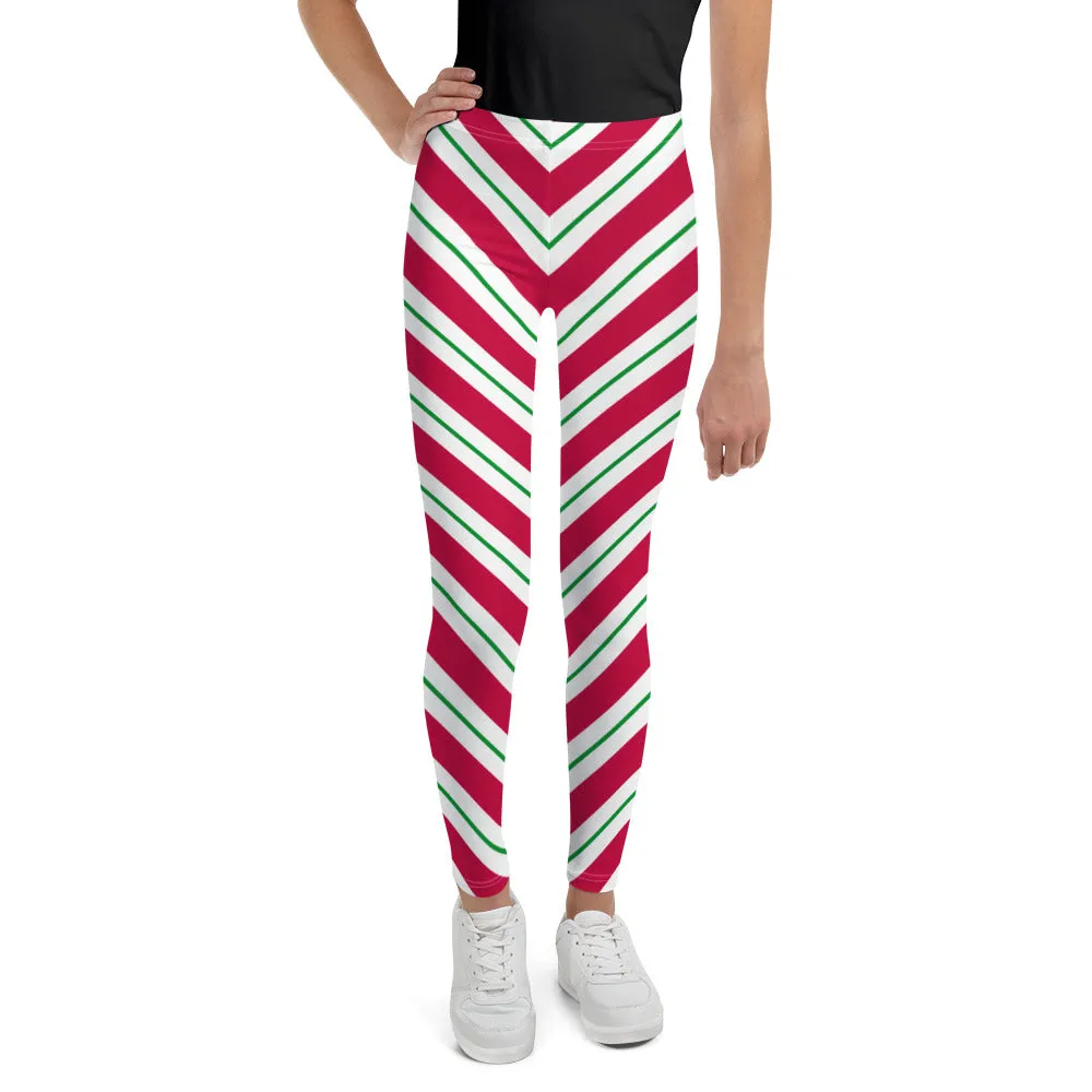 Candy Cane Girls Leggings (8-20), Red Green Christmas Graphic Printed Striped Winter Yoga Wear Clothing Youth Activewear Holiday Xmas Gift