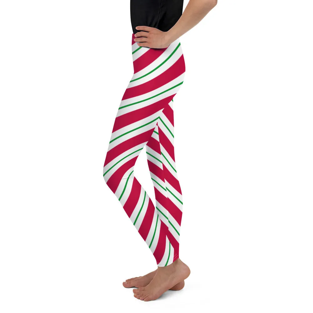 Candy Cane Girls Leggings (8-20), Red Green Christmas Graphic Printed Striped Winter Yoga Wear Clothing Youth Activewear Holiday Xmas Gift