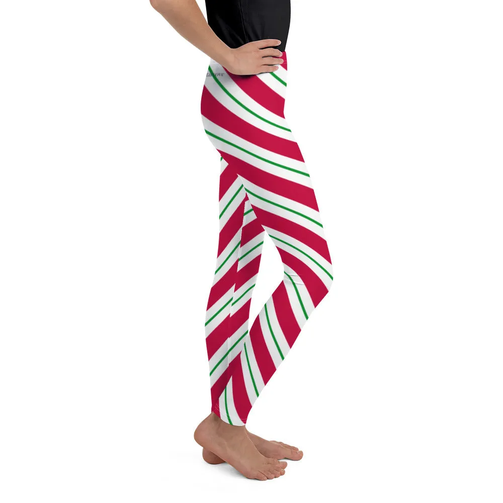 Candy Cane Girls Leggings (8-20), Red Green Christmas Graphic Printed Striped Winter Yoga Wear Clothing Youth Activewear Holiday Xmas Gift