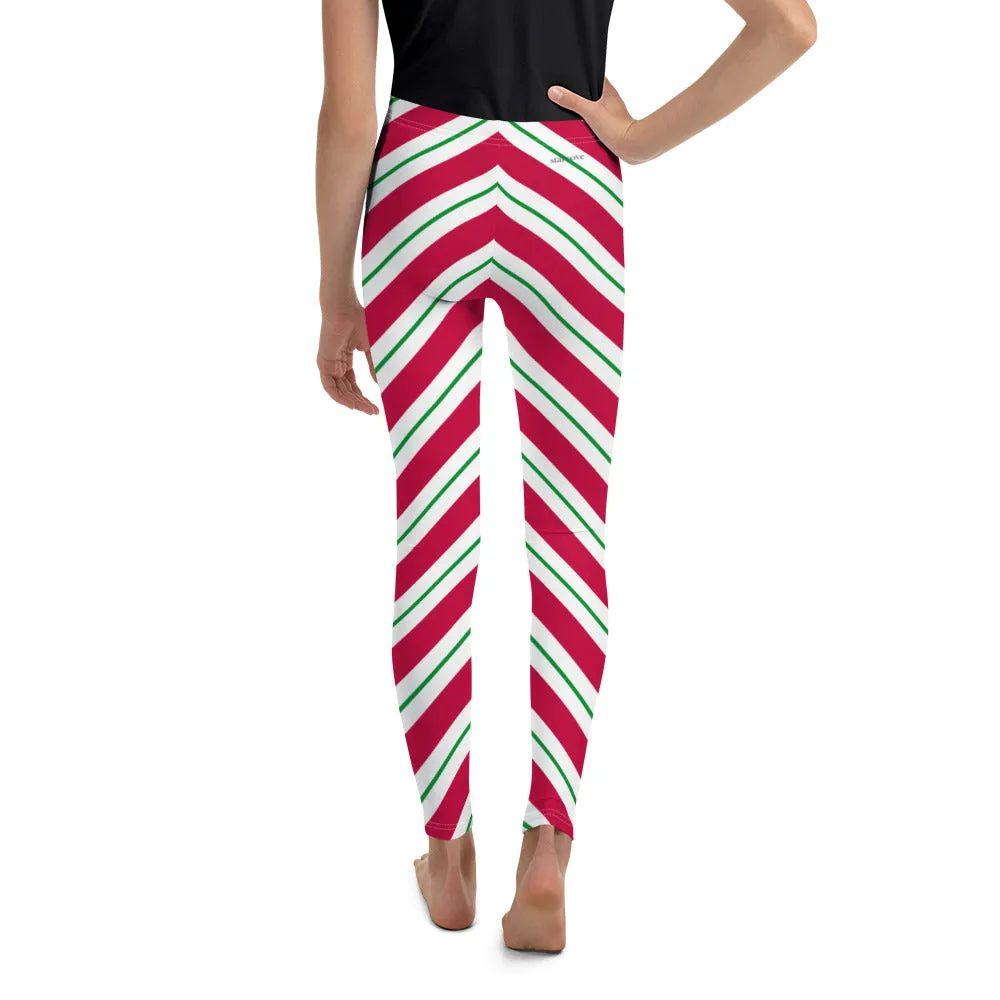 Candy Cane Girls Leggings (8-20), Red Green Christmas Graphic Printed Striped Winter Yoga Wear Clothing Youth Activewear Holiday Xmas Gift