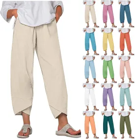 Capri Pants for Women Casual Summer Cotton Linen Pants Loose Elastic Waist Capris Trousers Wide Leg Cropped Pants(Dark Green,Medium)