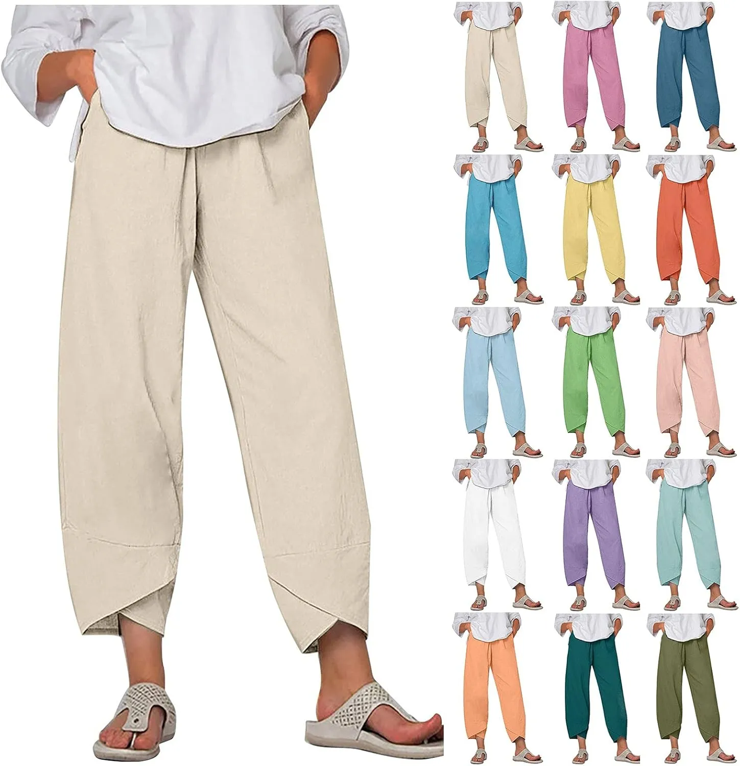 Capri Pants for Women Casual Summer Cotton Linen Pants Loose Elastic Waist Capris Trousers Wide Leg Cropped Pants(Dark Green,Medium)