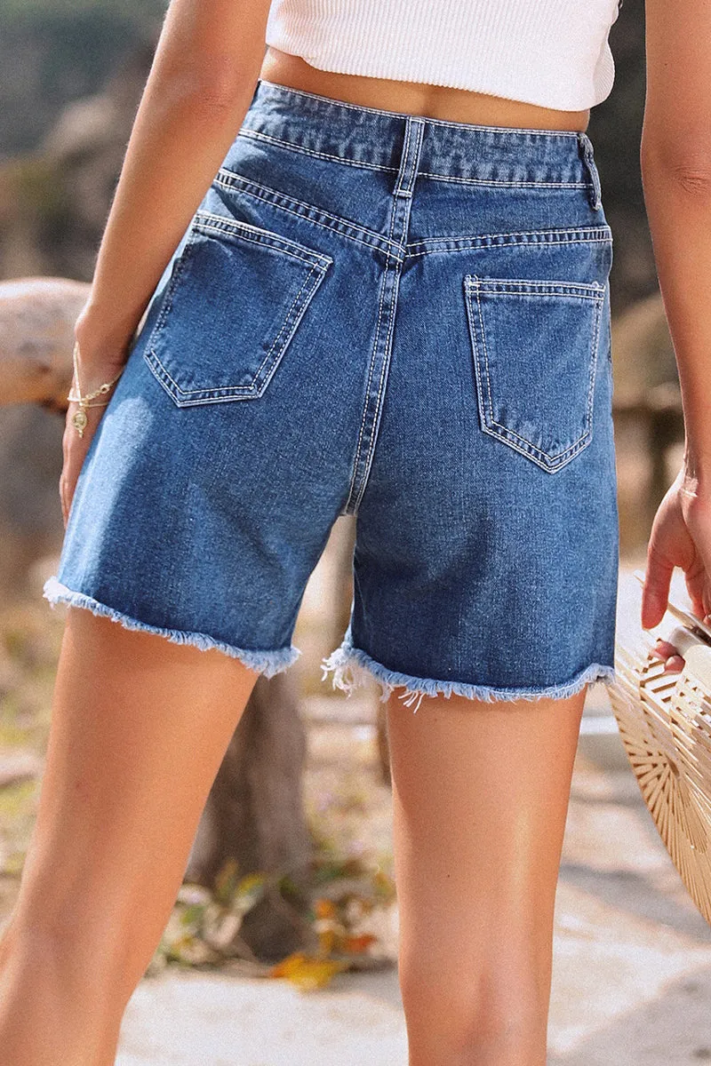 Casual Solid Make Old High Waist Straight Denim Shorts