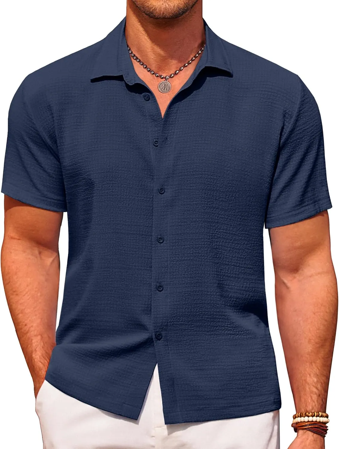 COOFANDY Men's Casual Short Sleeve Button Down Shirt Textured Summer Beach Shirt
