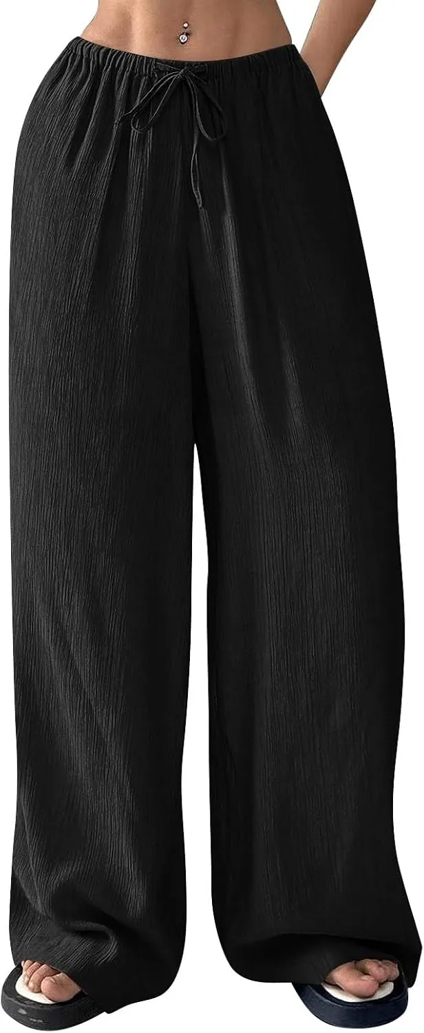 Cruise Pants for Women 2025 Vacation Outfits Drawstring Flowy Casual Pants with Pockets Wide Leg Lightweight Beach Sweatpants