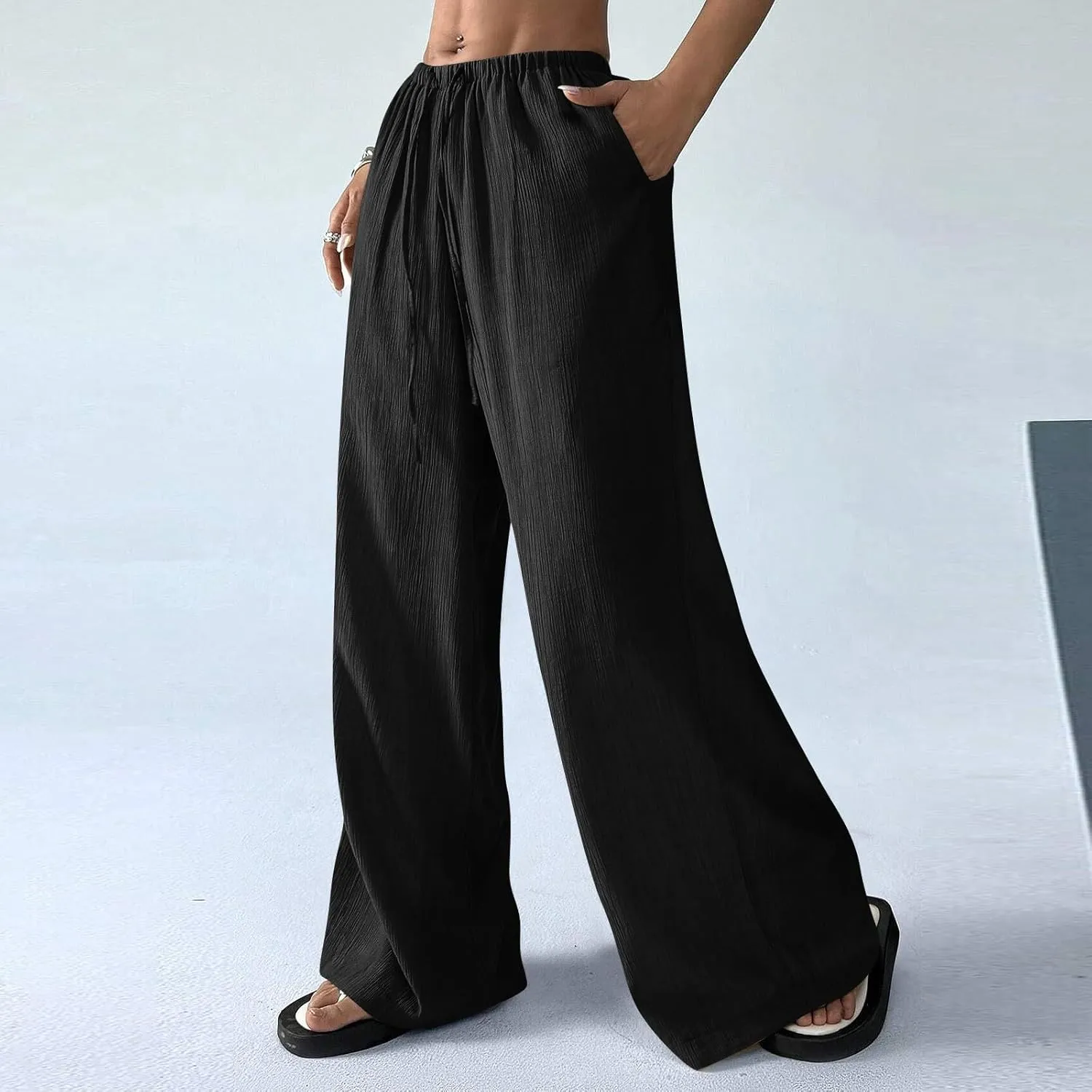 Cruise Pants for Women 2025 Vacation Outfits Drawstring Flowy Casual Pants with Pockets Wide Leg Lightweight Beach Sweatpants