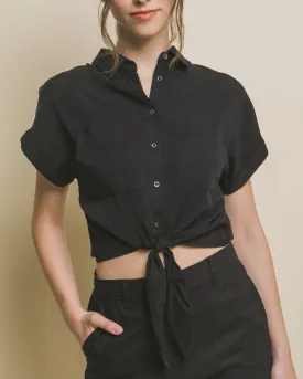 Elowen Button Up Tie Front Cropped T-Shirt (Assorted Colors)