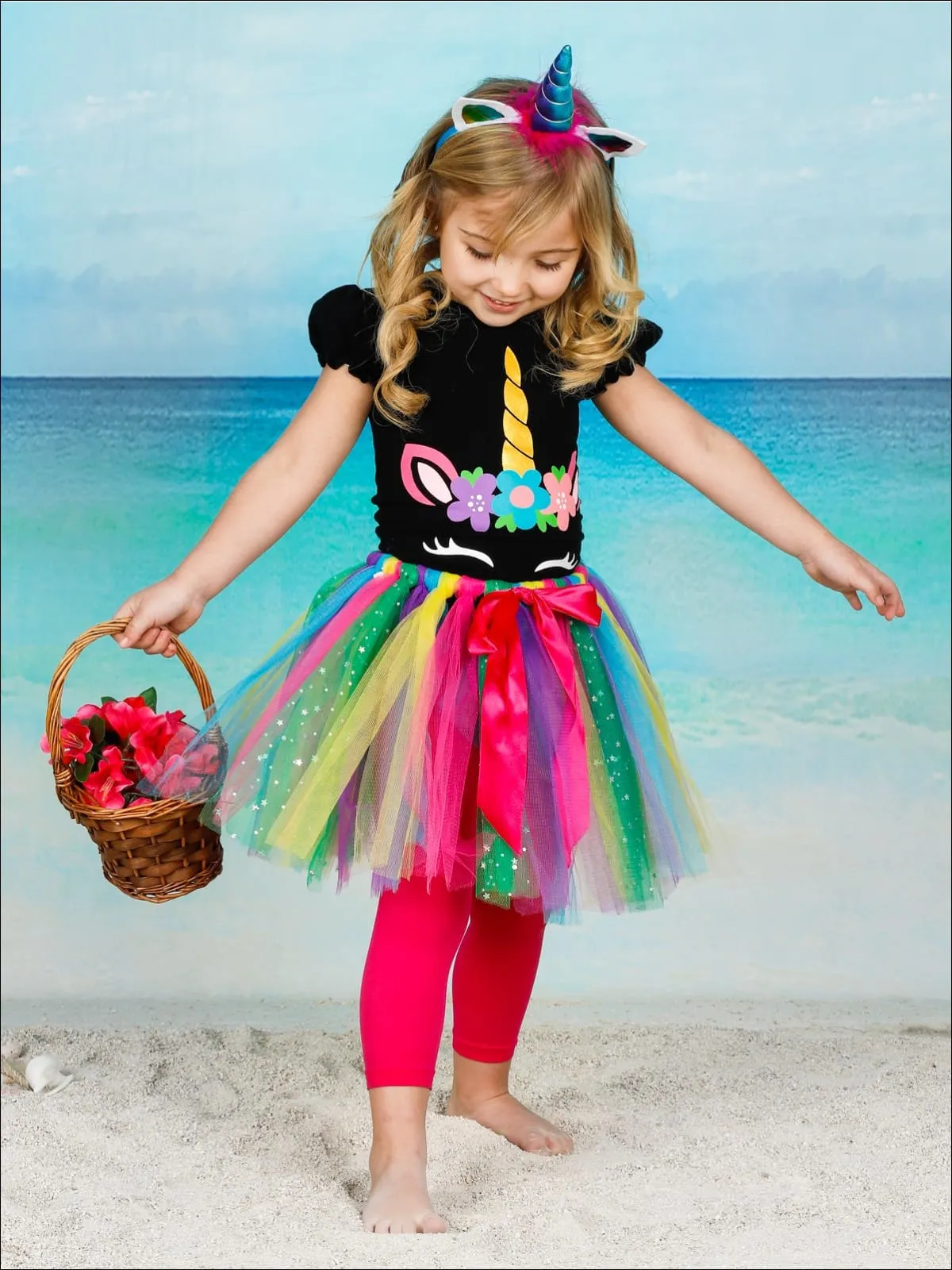 Girls Floral Unicorn Top And Rainbow Sequin Bow Tutu Skirt Set