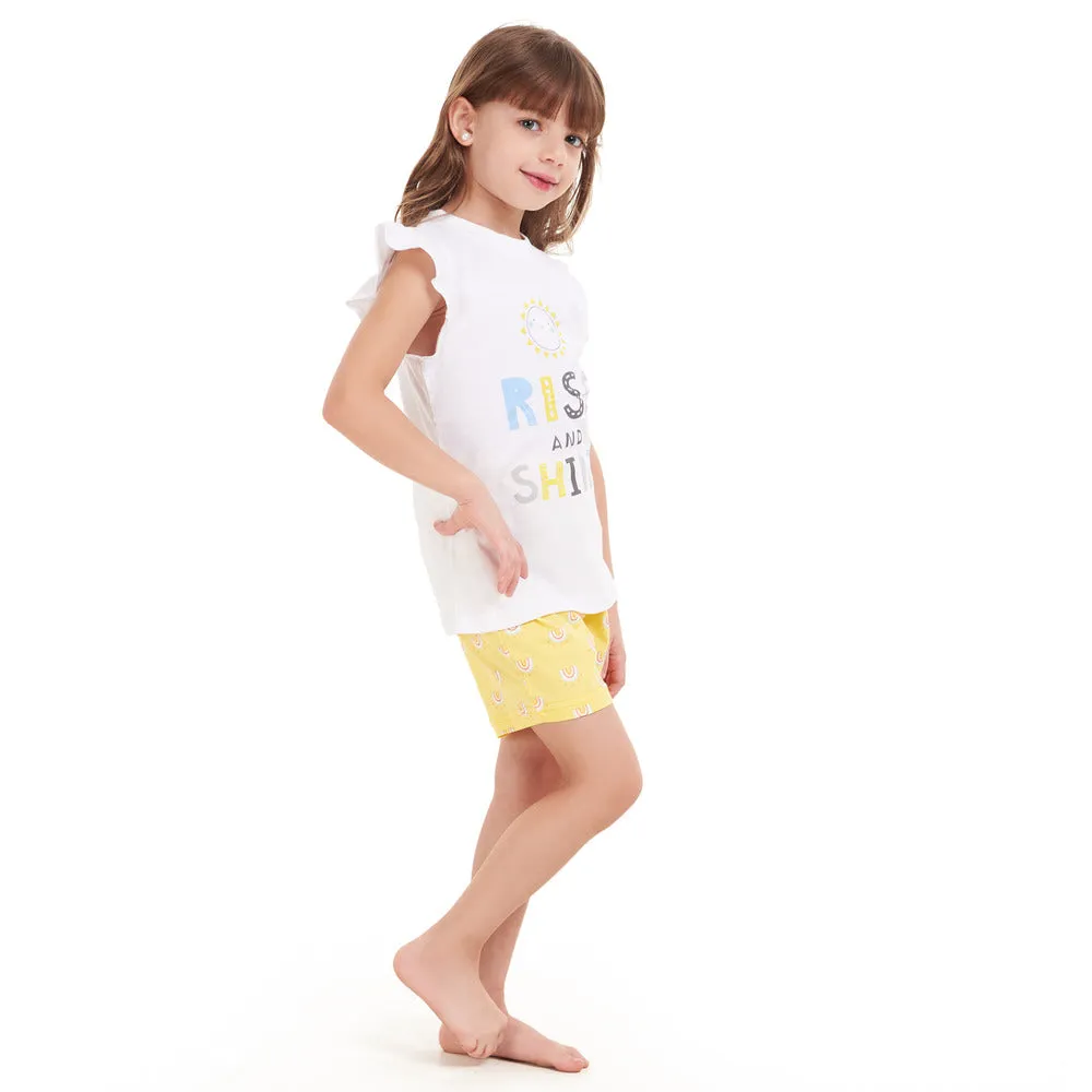 Girls summer pajama set Rise & Shine t-shirt   Pastel Yellow shorts