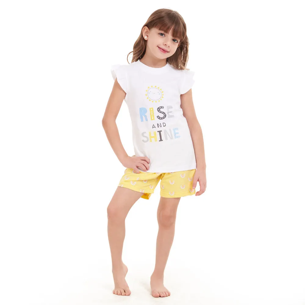 Girls summer pajama set Rise & Shine t-shirt   Pastel Yellow shorts