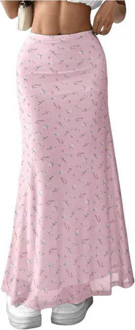 GORGLITTER Women's Floral Flowy Mesh Maxi Skirt High Waisted A Line Long Skirts Summer Outfits