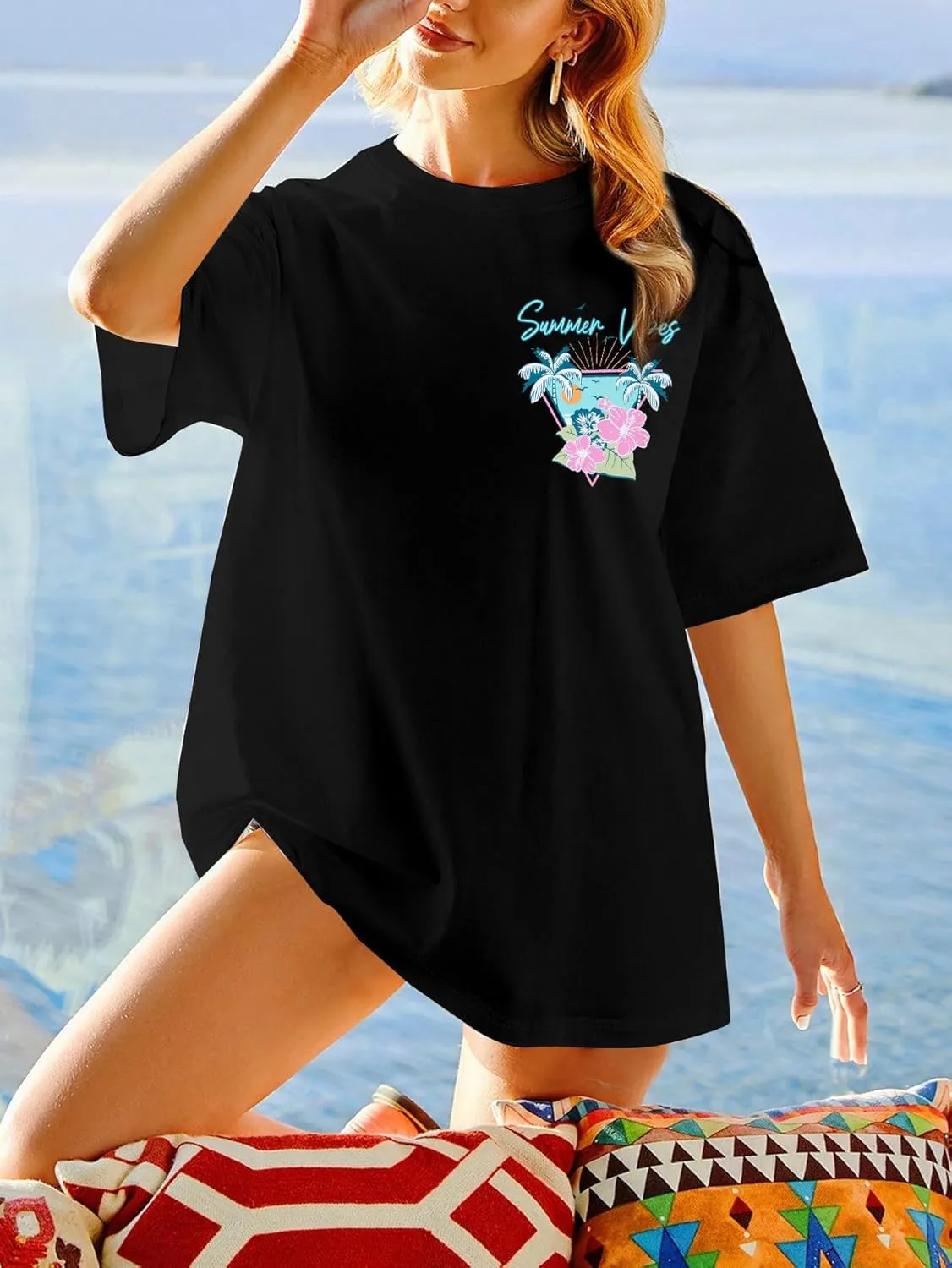 Hawaiian Shirts for Women Flower Shirt Oversized Graphic Tees Tropical Vacation Clothes Summer Vacation Tee