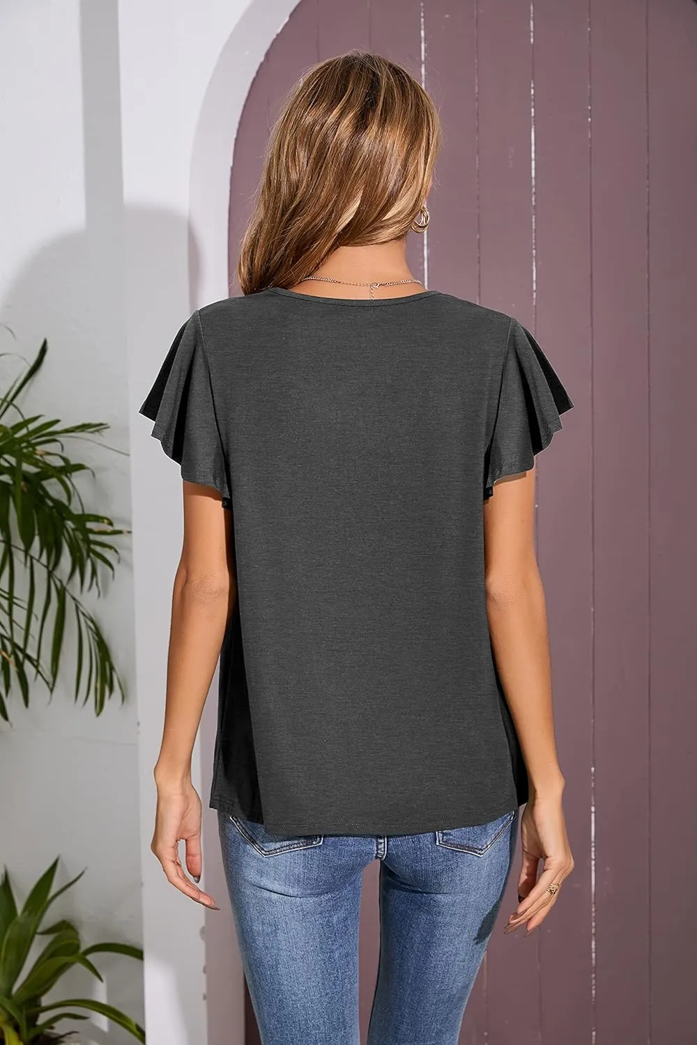 Iandroiy Women's Casual Shirred V-Neck Top Ruffle Short Sleeve Shirts Basic Pleated Top