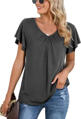 Iandroiy Women's Casual Shirred V-Neck Top Ruffle Short Sleeve Shirts Basic Pleated Top