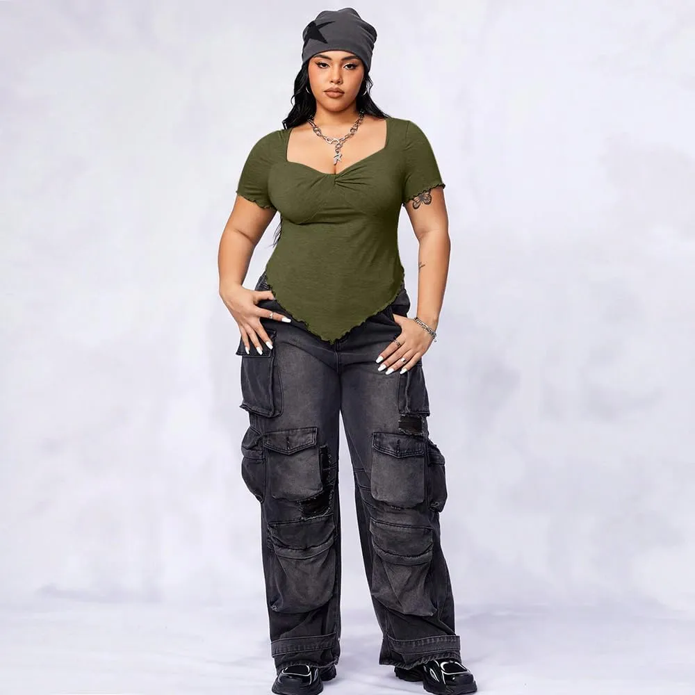 JULYCLO Plus Size Shirt for Women Sweetheart Neck Short Sleeve Shirt Slim Fit Tee Top Sexy Twist Front Top Streetwear