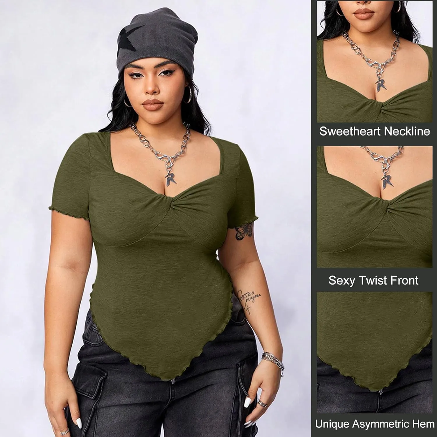 JULYCLO Plus Size Shirt for Women Sweetheart Neck Short Sleeve Shirt Slim Fit Tee Top Sexy Twist Front Top Streetwear