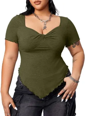 JULYCLO Plus Size Shirt for Women Sweetheart Neck Short Sleeve Shirt Slim Fit Tee Top Sexy Twist Front Top Streetwear
