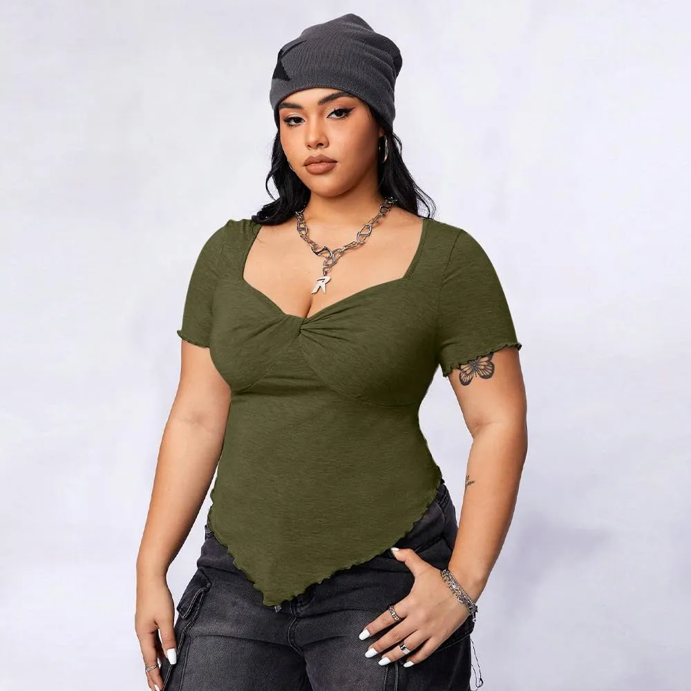 JULYCLO Plus Size Shirt for Women Sweetheart Neck Short Sleeve Shirt Slim Fit Tee Top Sexy Twist Front Top Streetwear