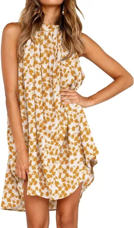 KIRUNDO Women's 2025 Summer Halter Neck Sleeveless Mini Dress Loose Tank Top Pleated Flowy Short Beach Sundresses