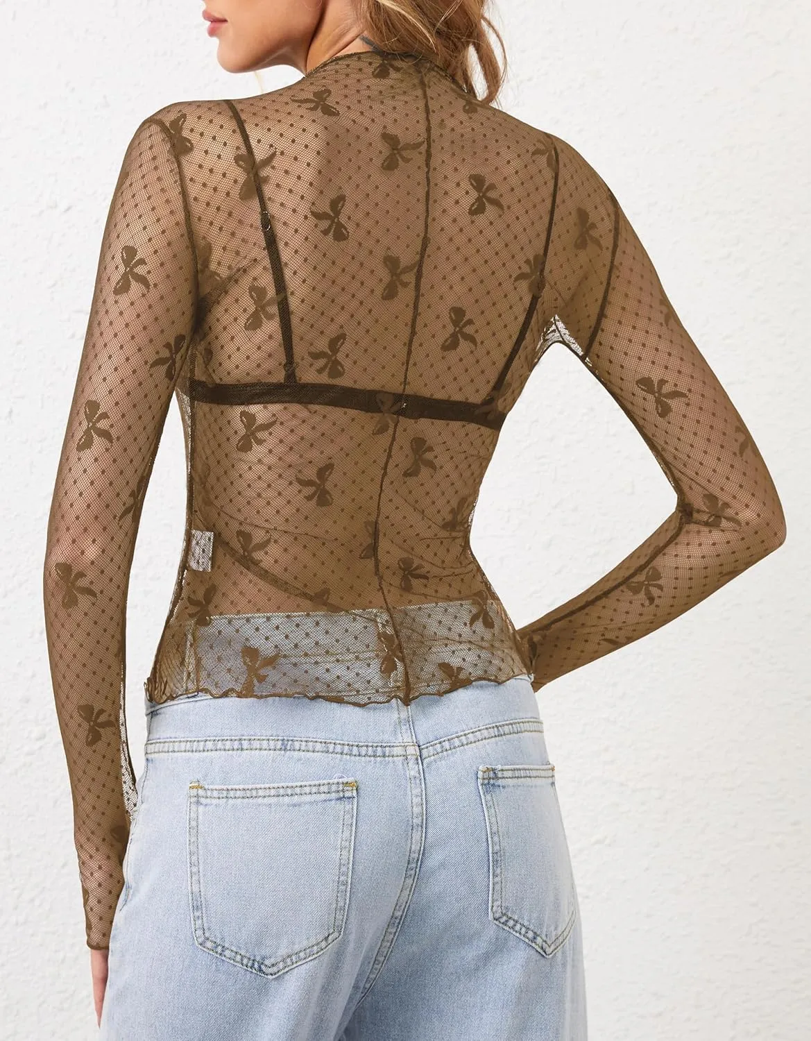 Lace Tops for Women Long Sleeve Sexy Mesh Top Going Out Dressy Sheer Top See Through