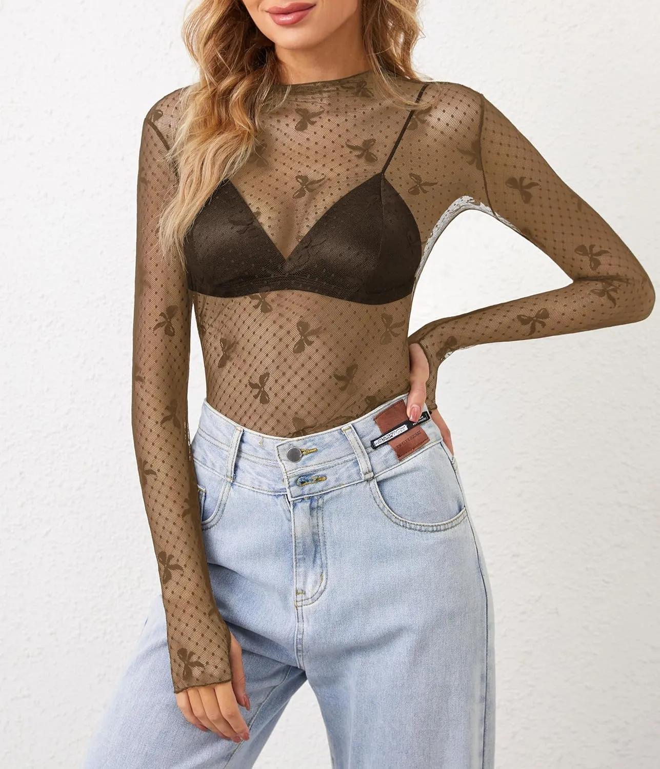 Lace Tops for Women Long Sleeve Sexy Mesh Top Going Out Dressy Sheer Top See Through