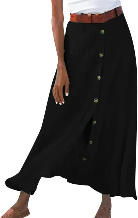 Linen Maxi Skirts for Women Summer Lightweight Midi Waisted Split Button Skorts Casual Breathable A Line Beach Skirt