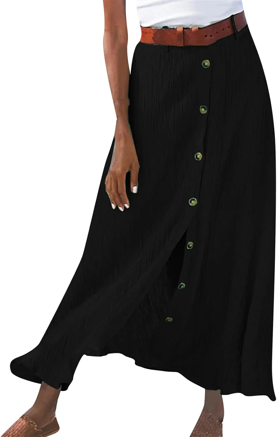 Linen Maxi Skirts for Women Summer Lightweight Midi Waisted Split Button Skorts Casual Breathable A Line Beach Skirt