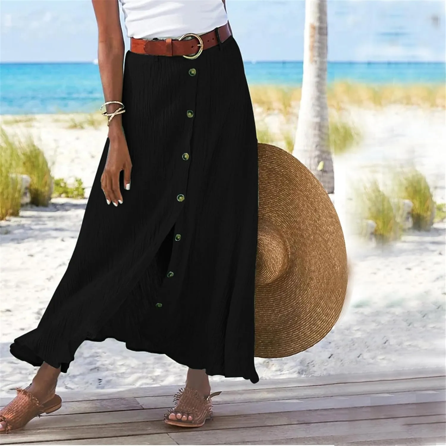 Linen Maxi Skirts for Women Summer Lightweight Midi Waisted Split Button Skorts Casual Breathable A Line Beach Skirt