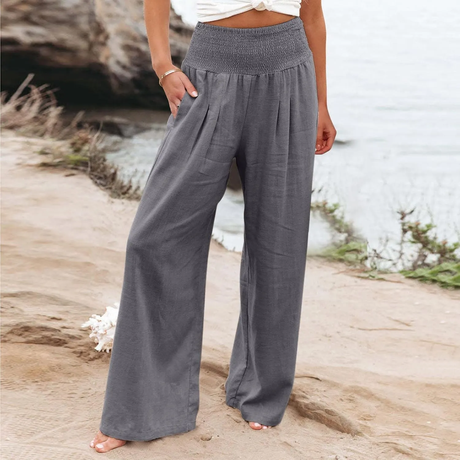 Linen Palazzo Pants Women 2025 Summer Boho High Waist Wide Leg Pant Plus Size Casual Flowy Trousers Beach Vacation Essential
