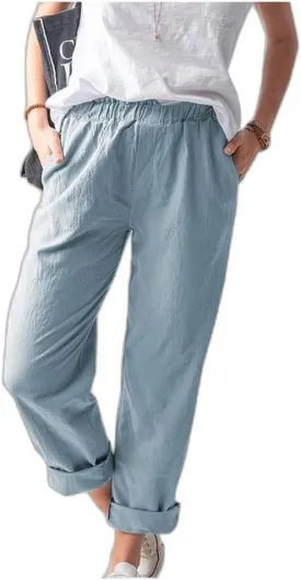 Linen Pants for Women, Pure Color Pleating Lightweight Pant, Elastic Waist Casual Trousers Baggy Athletic Pockets Joggers