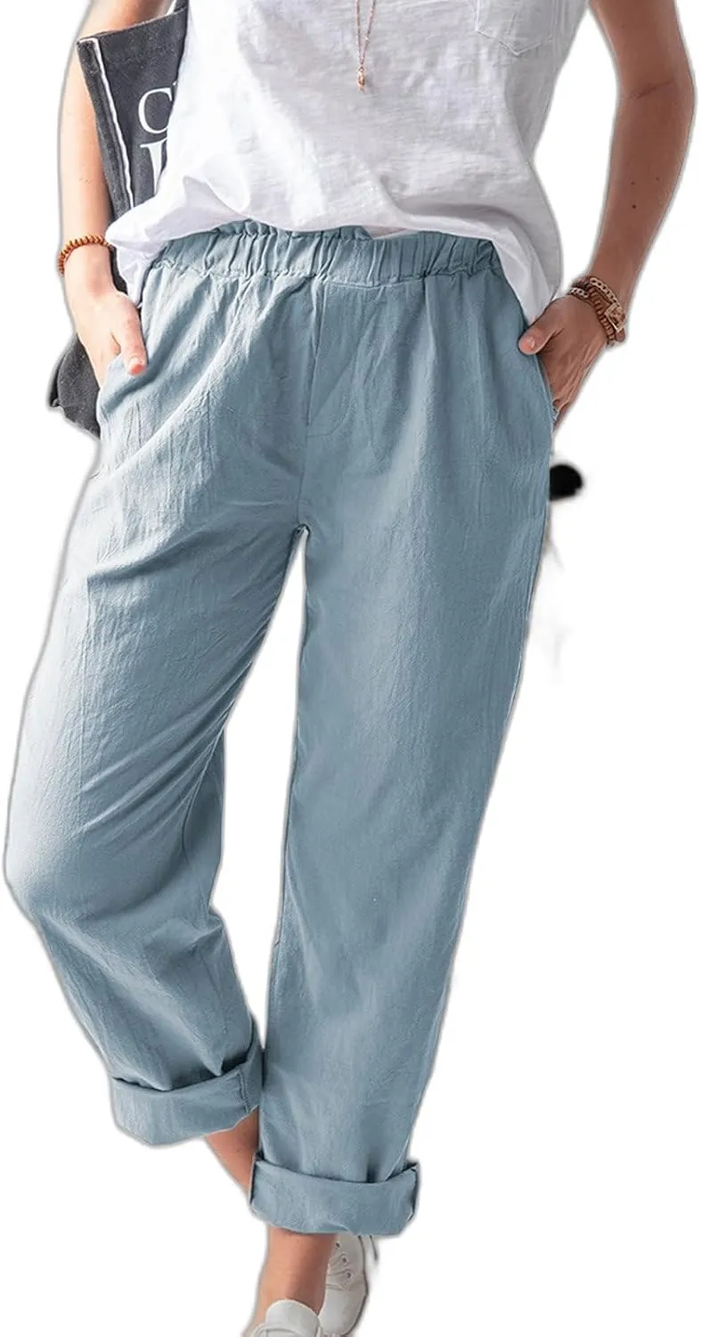 Linen Pants for Women, Pure Color Pleating Lightweight Pant, Elastic Waist Casual Trousers Baggy Athletic Pockets Joggers