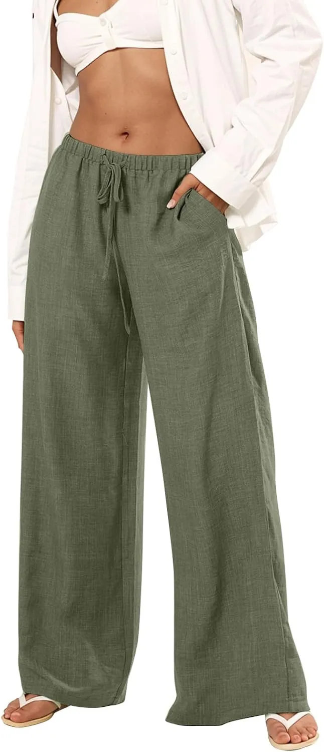 Linen Pants Women Summer Drawstring High Waisted Wide Leg Yoga Pants with Pockets Holiday Boho Beach Palazzo Pants