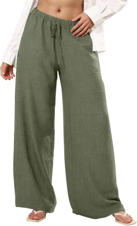 Linen Pants Women Summer Drawstring High Waisted Wide Leg Yoga Pants with Pockets Holiday Boho Beach Palazzo Pants