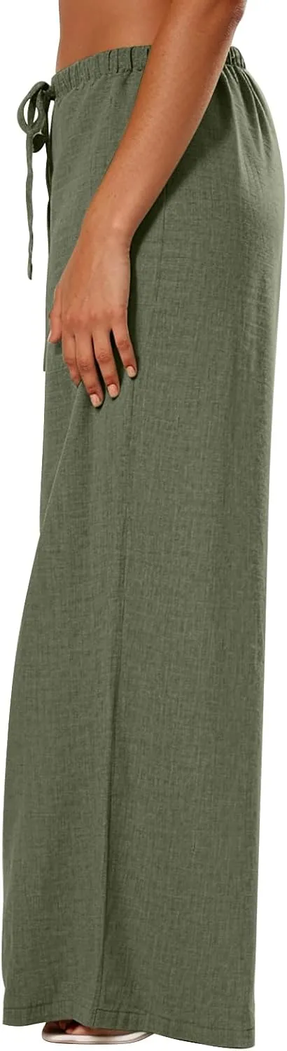Linen Pants Women Summer Drawstring High Waisted Wide Leg Yoga Pants with Pockets Holiday Boho Beach Palazzo Pants