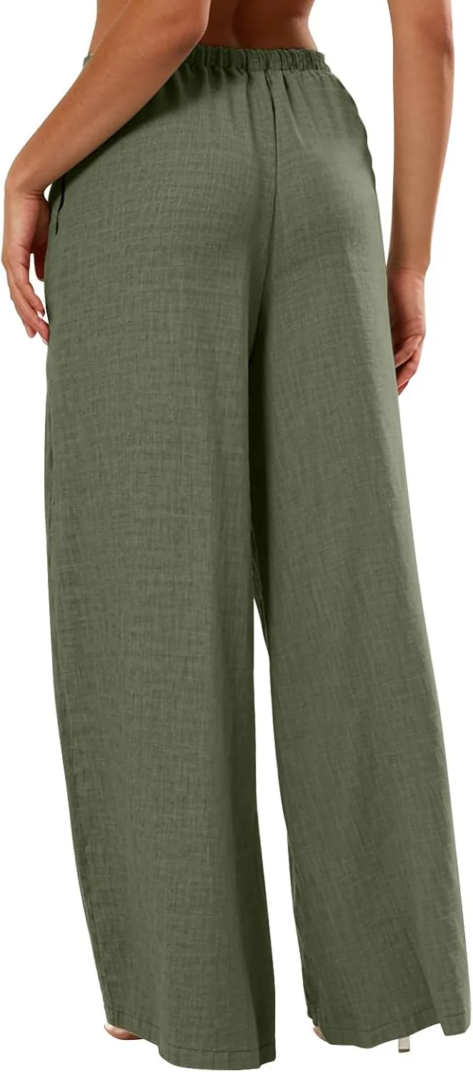 Linen Pants Women Summer Drawstring High Waisted Wide Leg Yoga Pants with Pockets Holiday Boho Beach Palazzo Pants