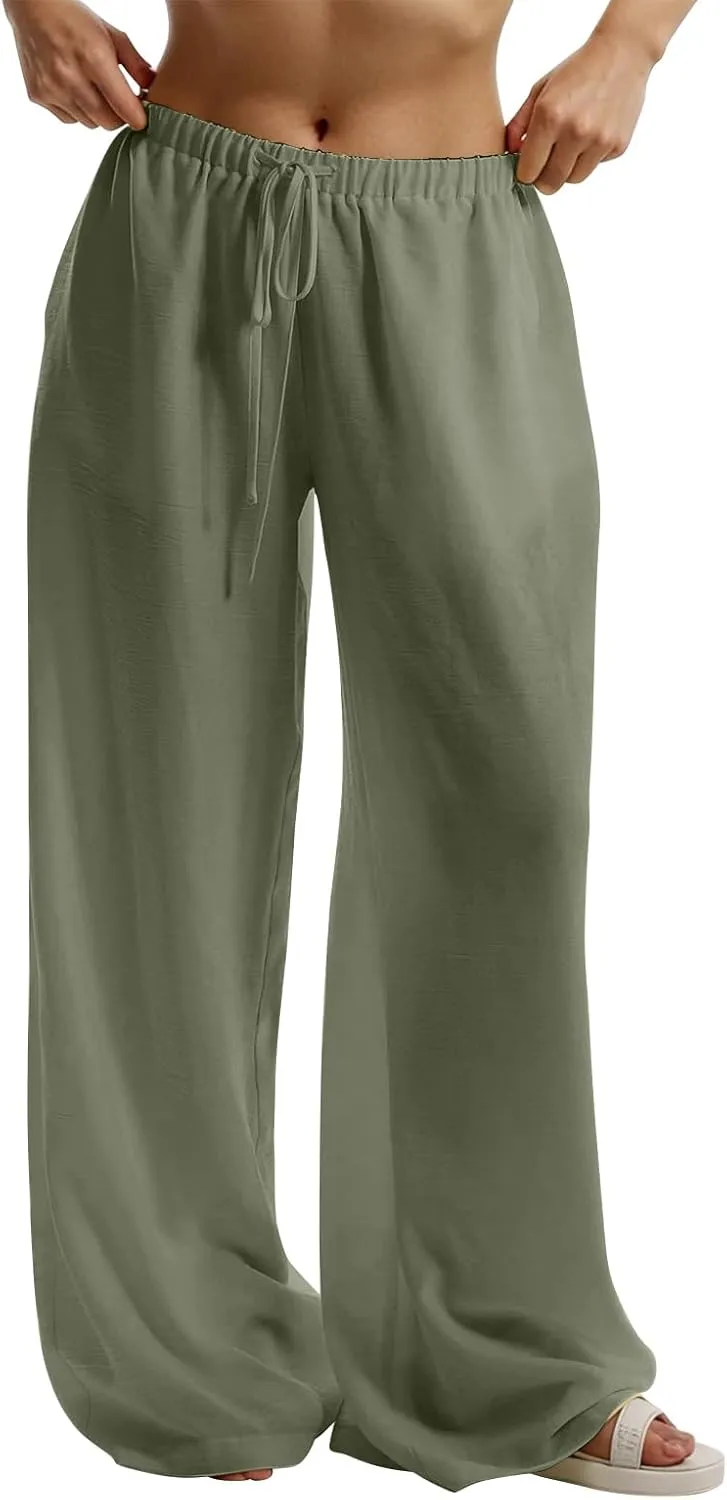 Linen Pants Women Summer Drawstring High Waisted Wide Leg Yoga Pants with Pockets Holiday Boho Beach Palazzo Pants