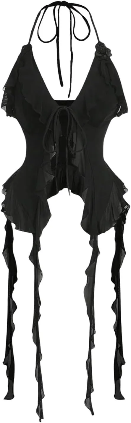 MakeMeChic Women's Floral Halter Top Tie Front Y2K Backless Ruffle Trim Fringe Camisole