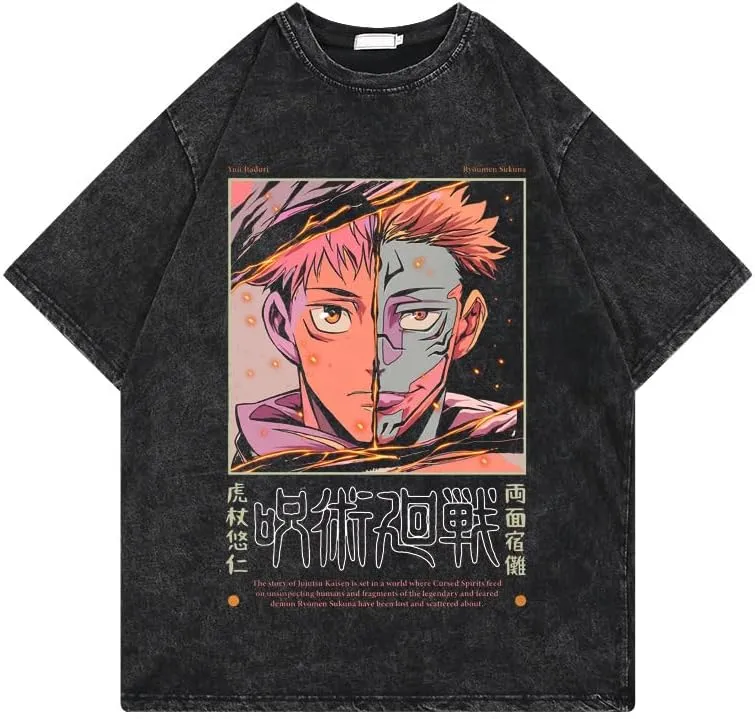 Men's Vintage Wash Anime Pattern Shirt Summer Casual Hip Hop T-Shirt Street Clothing Harajuku Top T-Shirt Y2K Top