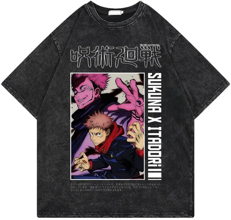 Men's Vintage Wash Anime Pattern Shirt Summer Casual Hip Hop T-Shirt Street Clothing Harajuku Top T-Shirt Y2K Top