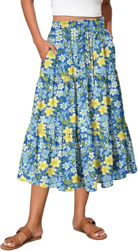 Midi Skirt for Women Summer Layered Tiered High Waisted Knee Length Skirt A Line Swing Floral Print Skirts with Pockets
