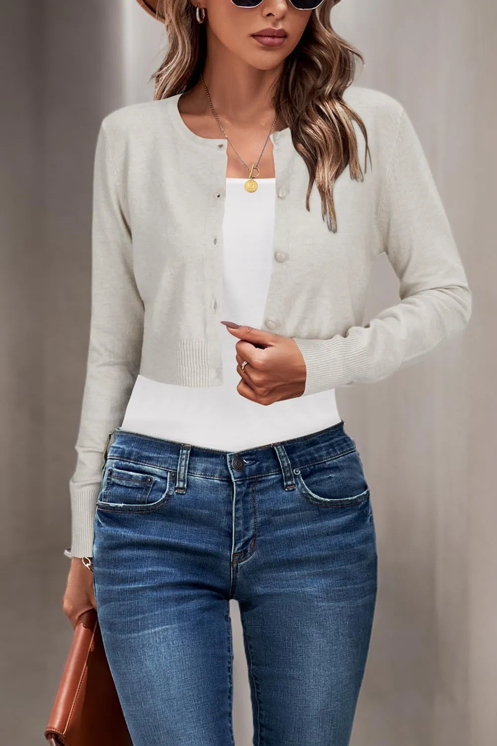 Newshows Cropped Cardigan Sweaters for Women 2025 Crew Neck Button Down Open Front Knit Bolero Shrugs