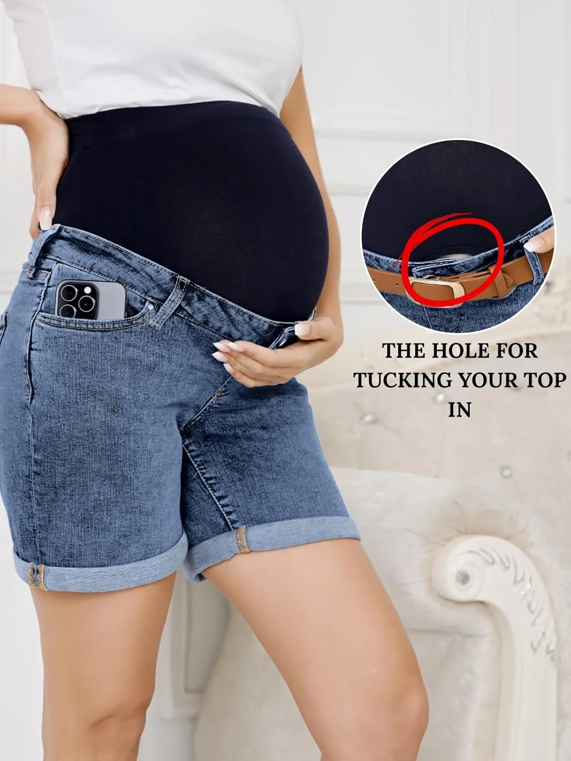 OVRUNS Women Maternity Jean Shorts Over The Belly Stretchy Comfy Rolled Cuff Pregnancy Denim Shorts with Pockets