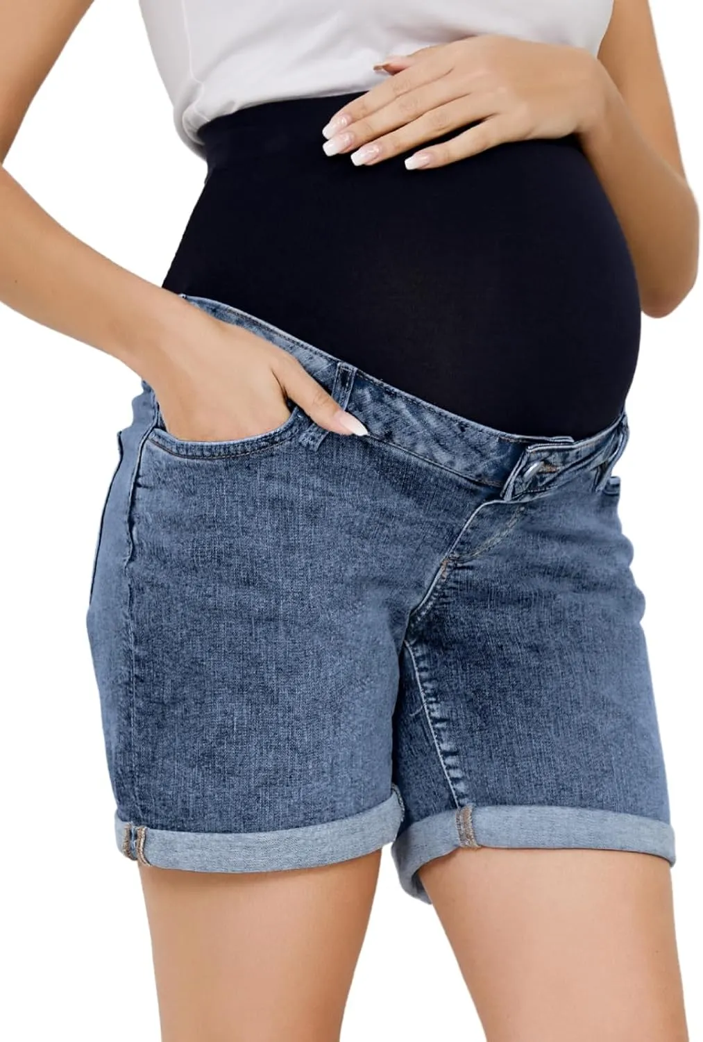 OVRUNS Women Maternity Jean Shorts Over The Belly Stretchy Comfy Rolled Cuff Pregnancy Denim Shorts with Pockets