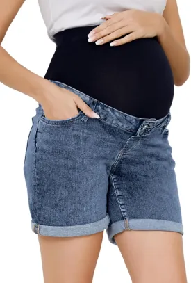 OVRUNS Women Maternity Jean Shorts Over The Belly Stretchy Comfy Rolled Cuff Pregnancy Denim Shorts with Pockets